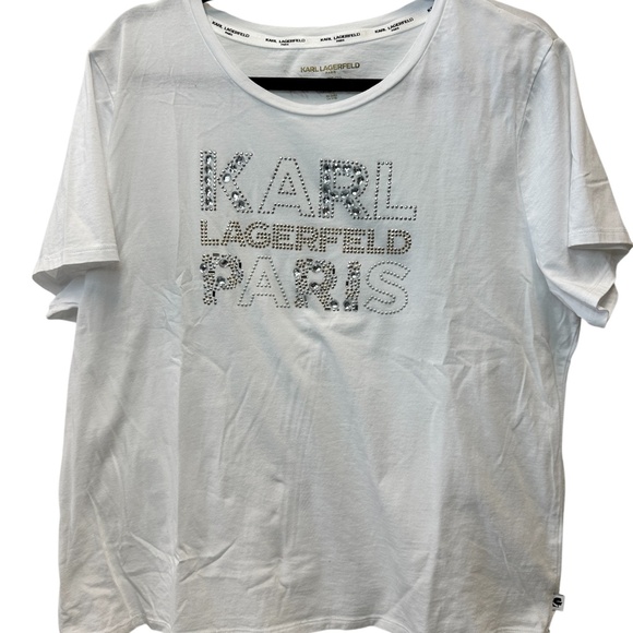 Karl Lagerfeld Paris White T-Shirt Women's Size XL Rhinestone Bling - Picture 2 of 12